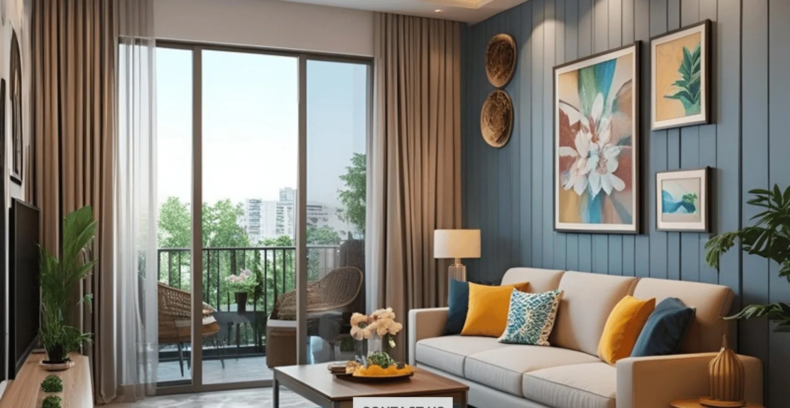 Living room with painted blue panelled feature wall in Pune