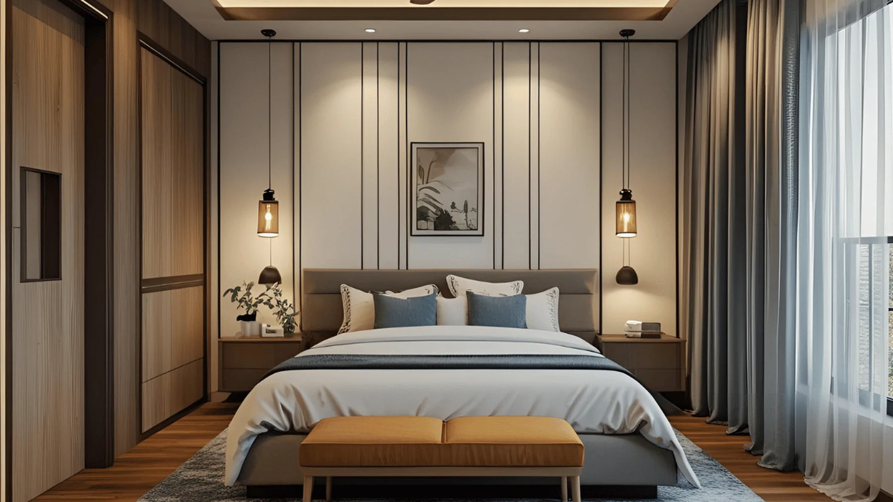 Bedroom with upholstered headboard, panelled feature wall and warm bedside lighting in Pune